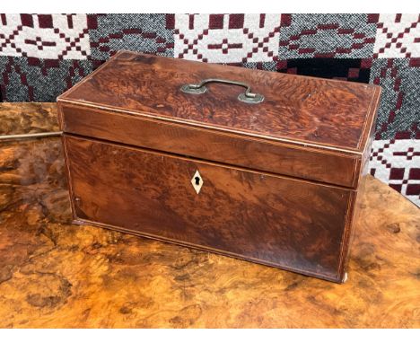 A 19th Century burr walnut tea caddy with twin box interior and mixing bowl space. 15cm x 30.5cm x 15cm 