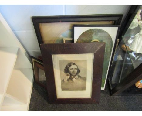Assorted framed and glazed prints including portrait of Robert Browning 