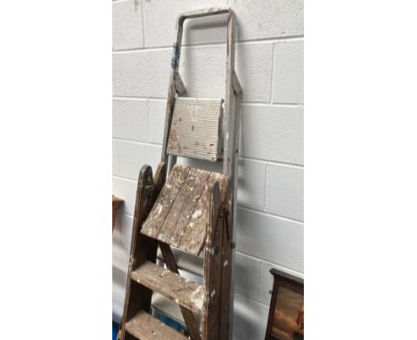 Two sets of step ladders, wooden and aluminium