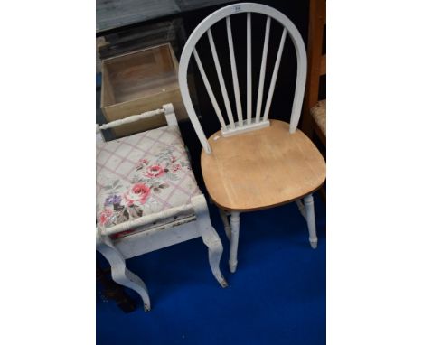 A hoop and stick back kitchen chair and a painted piano stool