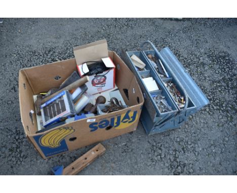 A metal toolbox and selection of tools, plus miscellaneous box of similar