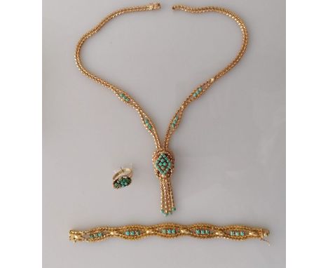 A yellow gold parure comprising necklace with knot design and turquoise beads, 48 cm, clasp damaged; similar bracelet, 17.5 c