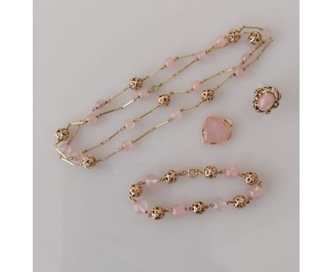 A vintage Austrian gold parure comprising a necklace of pink glass beads, baton links and pierced spheres, 68 cm, matching br