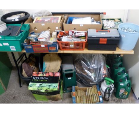 A good selection of nuts, bolts, etc. together with tools, brushes, drill set, tool box with contents, box of tools and vario