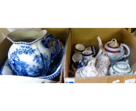 A blue and white "Parma" jug and bowl set with similar supper dish, blue and white teapot and a small amount of linen and a s
