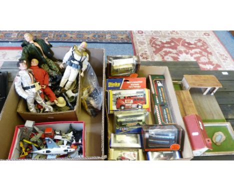 A model farmyard with animals, die-cast models including Eddie Stobart - boxed and loose together with four Action Man figure