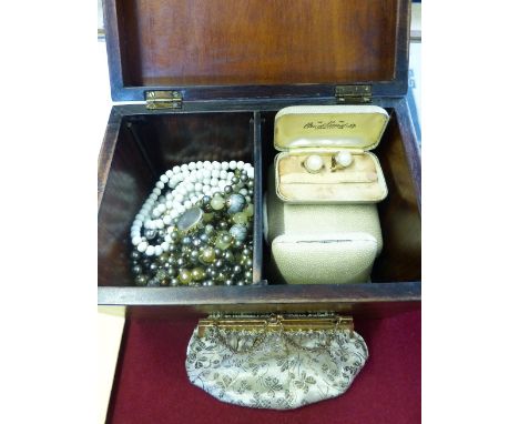 A mahogany tea caddy, together with contents of costume jewellery