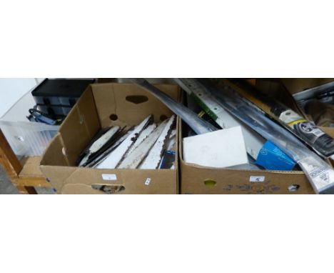 Six boxes of domestic engineering and automotive accessories, including windscreen wipers, shelf brackets, nuts, bolts, wire 