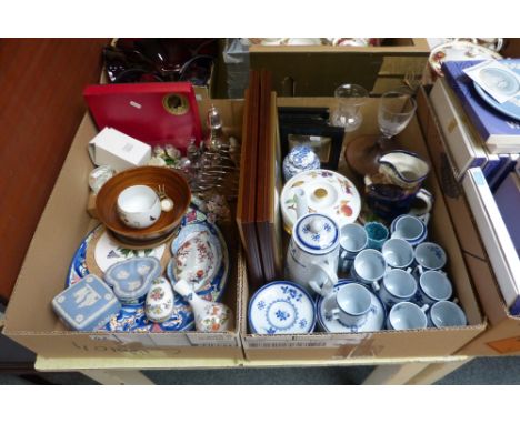 Two boxes of miscellaneous including Spode coffee service, Royal Worcester tureen, Wedgwood trinket box and ash tray, platewa