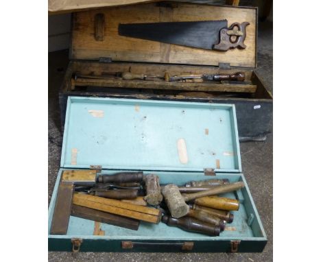 Two wooden work boxes of joiners tools including braces and bits, hammers, planes, chisels, etc. 