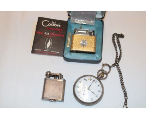 A gentleman's silver cased pocket watch with circular enamelled dial and part chain (af); a silver Dunhill pocket lighter and