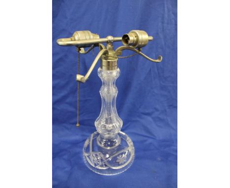 A good quality old cut glass table lamp with chromium plated twin lamp mount (minus shade)