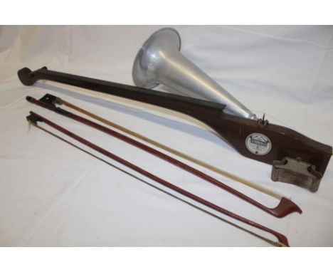 An unusual phono-fiddle "The Stroviols Home Model" with aluminium horn and two bows