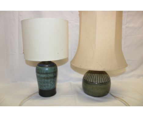 A Porthleven studio pottery table lamp with green glazed decoration and one other Celtic pottery table lamp (2)