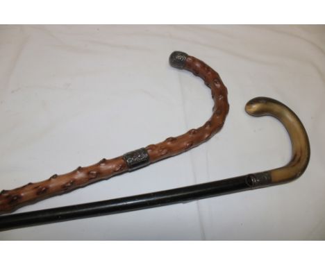 A gentleman's ebony walking cane with silver ferrule and horn handle and one other silver mounted rustic walking stick (2)