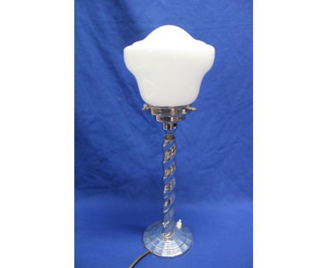 An Art Deco chormium-plated spiral twist table lamp with opaque glass domed shade, 19" high