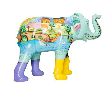 Alex the Cleaniphant A riverside scene of Worcester using bright coloursH1600mm x L2150mm x W800mm, weight 40kg Artist: Shilp