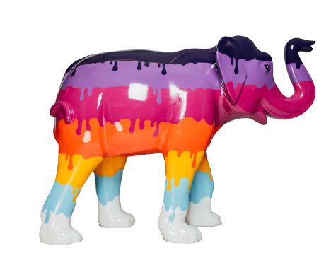 Global Warming Rainbow coloured elephant, with colours dripping downH1600mm x L2150mm x W800mm, weight 40kg Artist: Inkie Des