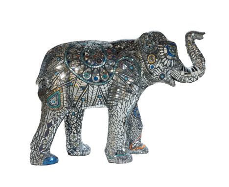 We are the Music Makers A mosaic elephant with mirrored tiles, delicately cut to create intricate patterns across the sculptu