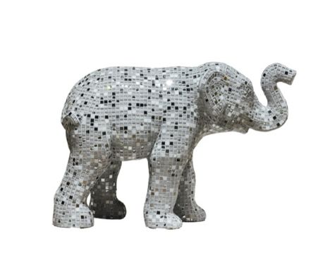 Spark-Ele An elephant calf sculpture, covered in small white, mirrored and shiny mosaic tiles H730mm x L1060mm x W410mm, weig