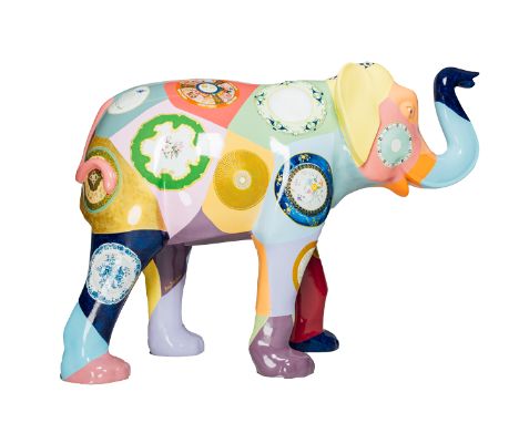 Porcelain Elephant Covered in plates inspired by the designs featured within the collections of Royal Worcester porcelainH160