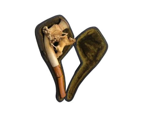 Cased Meerschaum Pipe with Rearing Horse in Original CaseMouthpiece distressed but rest of pipe unscathed. Case no issues.
