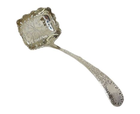 Unusual Bright Cut Silver Sifter Ladle. 31 g. Sheffield 1888, Atkin Bros. Unusual rectangular bowl to ladle.Length 12.5 cms