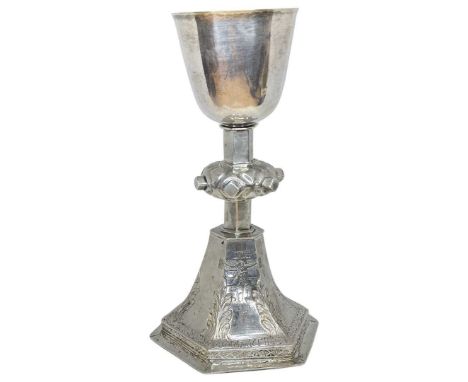 Early Silver Chalice. 292 g. Unmarked. Probably Continental and 17th Century. Chased decoration to hexagonal stemmed base. On