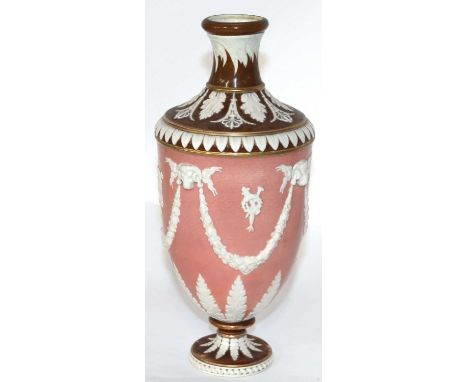 Wedgwood Victoria Ware Vase, circa 1880with gilded trim, brown collar and socle, light salmon ground body decorated with whit