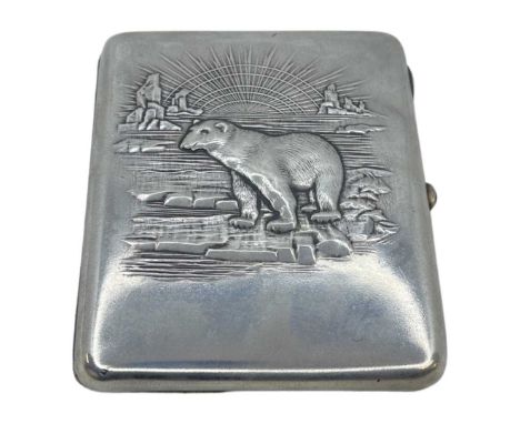 Unusual Russian Silver Cigarette Case. 180 g. c. 1945 (?). 875 mark. Polar bear in arctic scene with icebergs and sunburst in