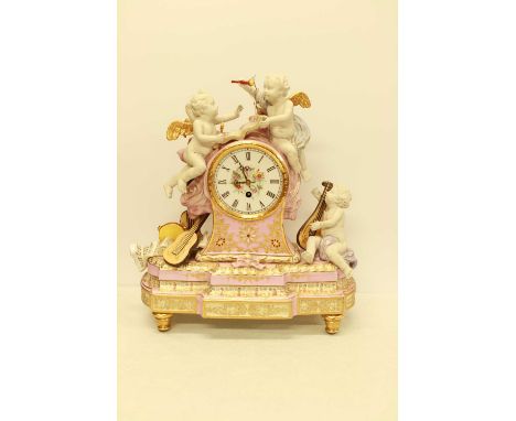 A Sevres Style Pink Porcelain with Angels Mantel Clock