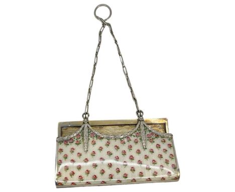 Good Quality Silver and Enamel Chatelaine Purse. 113 g. 900 Grade Silver. Champagne enamel with pink roses. Clip open/close m