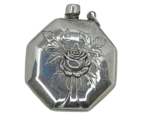 Modern Octagonal Silver Perfume Bottle. 27 g. London 1996. Chased roses to each side4.7 cms across