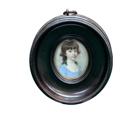 Circle of Richard Crosse, circa 1760, Portrait miniature of a young girl with her dark hair in ringlets, and a blue dresswate