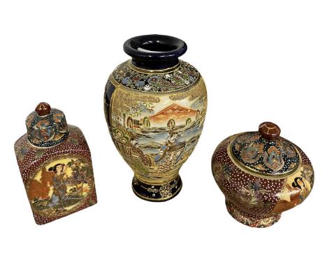 Three Pieces of 20th Century Japanese Satsuma Ware, comprising Vase, Tea Caddy and a Small Lidded DishQty: 3