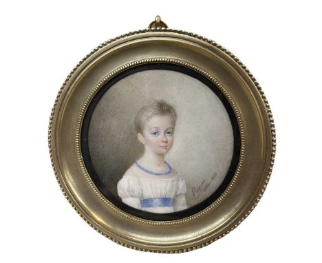 *** Pasquier (French, 19th Century), Portrait of a young girl in a white muslin dress with blue sash and aquamarine necklaces