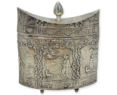 Dutch Silver Tea Caddy. 143 g. 930 Grade Silver. Lid decorated with men on horseback, front decoarted with swags and garlands