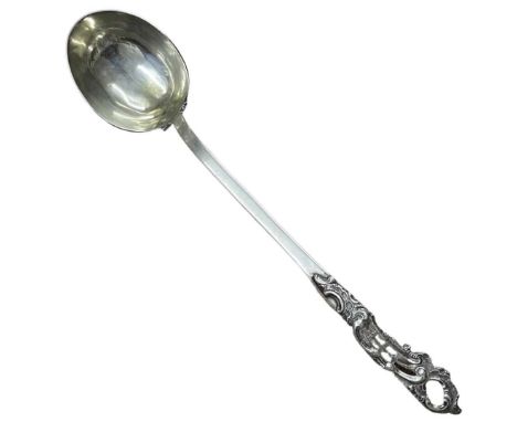 Early Augsburg Silver Ladle. 254 g. Late 18th Century. Marks to Bowl and Stem. Wavy edged border to bowl and pieced decoratio