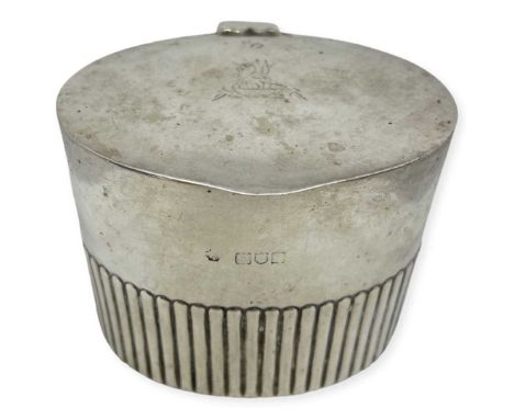 Oval Silver Tea Caddy. 195 g. London 1898, William Hutton and Sons. Half-fluted decoration to body. Crest to lidWidth 10 cms,