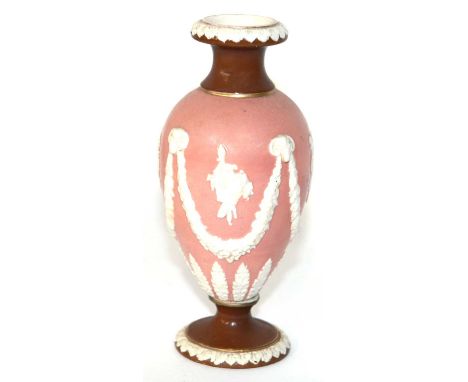 Wedgwood Victoria Ware Vase, circa 1880, with gilded trim, brown collar and socle, light salmon ground body decorated with wh