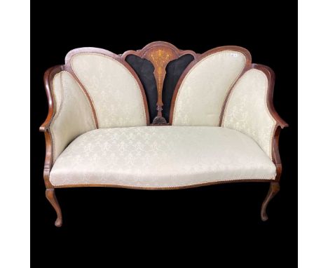 A Two Seater Salon Cream Sofa with inalid detail.W 129cm, D 60cmOld repair to arch to back in one place.