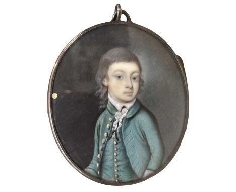 English School, circa 1774, Portrait of Richard Stukeley, in a green jacket and waistcoatwatercolour on ivory, oval, in a sil