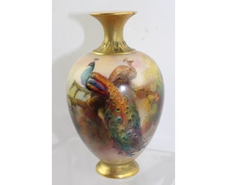 A ROYAL WORCESTER BALUSTER VASE hand painted with peacock decoration, signed Sedgley, circa 1916 (see printed and painted fac