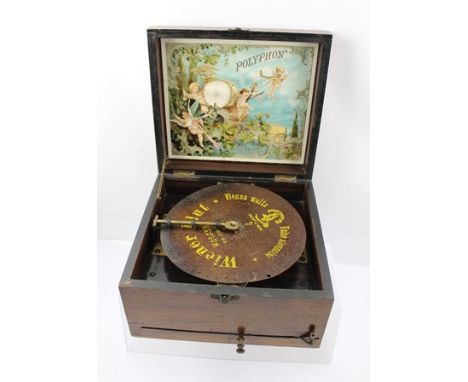A LATE 19TH CENTURY WALNUT CASED "SCHUTZ" POLYPHON, the hinged lid opening to reveal a polychrome print in the lid of cherubs