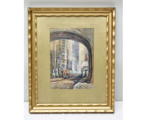 SOPHIE D'OUSELEY MEREDITH A street scene under an archway with various people promenading and conversing, a street lamp and a