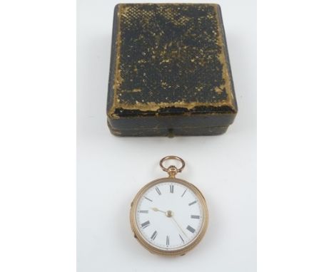 A LATE VICTORIAN 9CT GOLD CASED LADY'S FOB WATCH decoratively engraved, hallmarked Birmingham 1894, white enamel open face wi