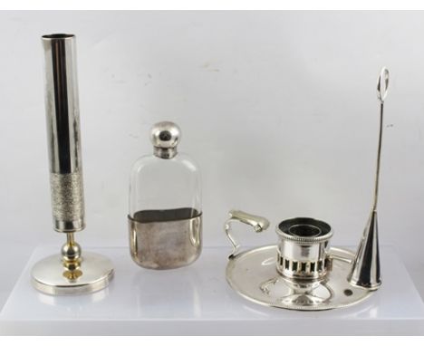 A "JAMES DIXON & SONS" SILVER MOUNTED PLAIN GLASS HIP FLASK, with screw cap and removable cup base, together with a mid 20th 