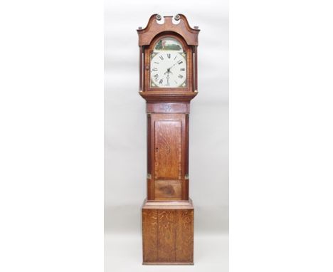 A GEORGIAN OAK LONGCASE CLOCK, with plain painted dial and date aperture, having 30-hour movement, the case with swan neck to