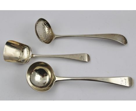 WILLIAM ELEY AND WILLIAM FEARN A GEORGE III SILVER SAUCE LADLE, London 1797 together with a GEORGIAN SILVER SIFTING LADLE and