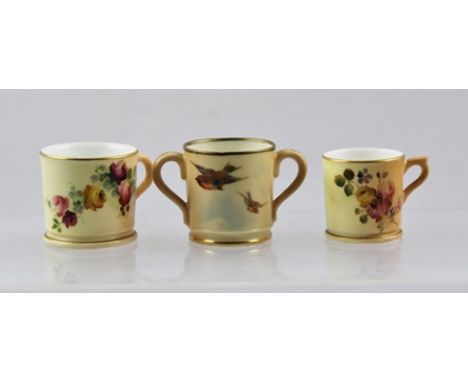 TWO ROYAL WORCESTER MINIATURE PORCELAIN TANKARDS, blush apricot ground with hand painted floral decoration, one dated 1906, t